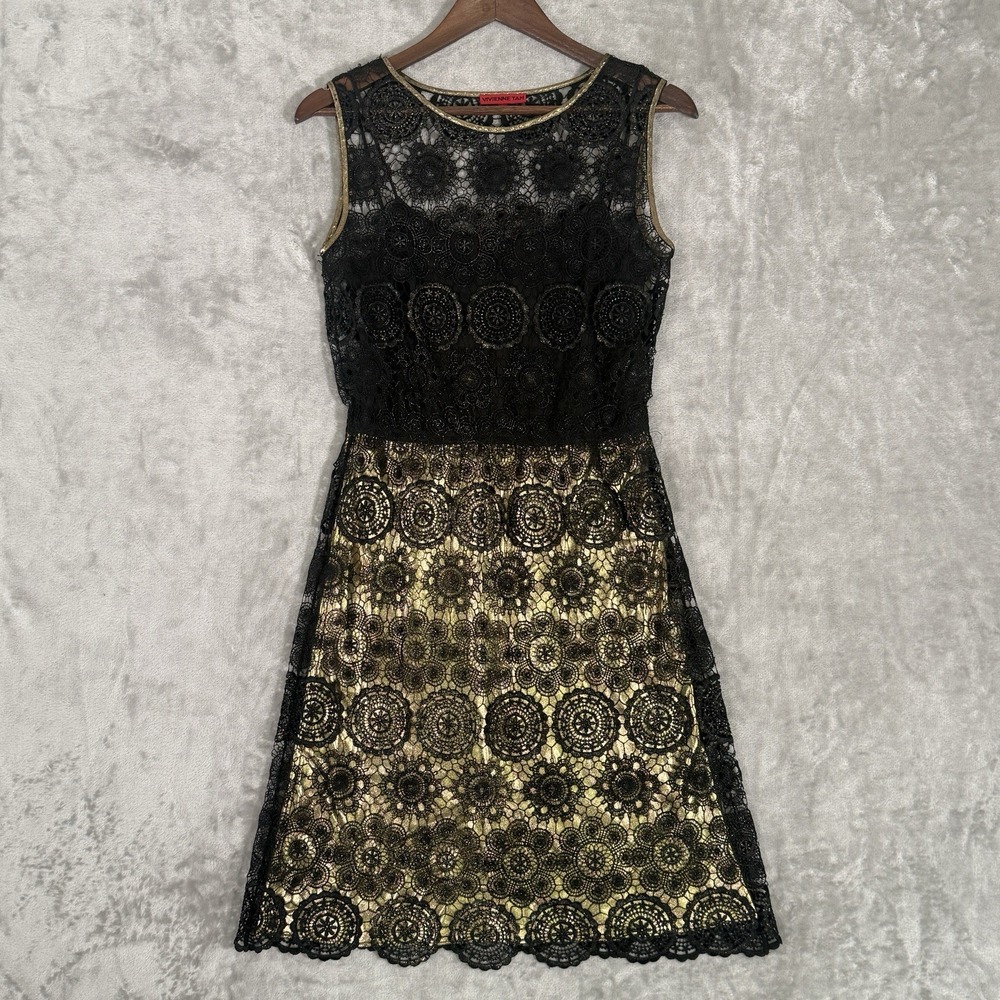Vtg 90's Vivienne Tam Floral Lace Crochet Dress Sleeveless Black/Gold Size 4